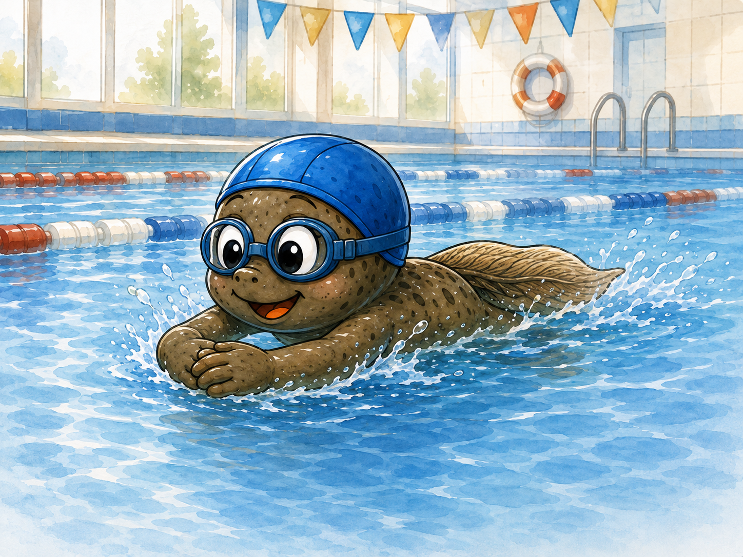 Quappi beim Techniktraining im Schwimmbad