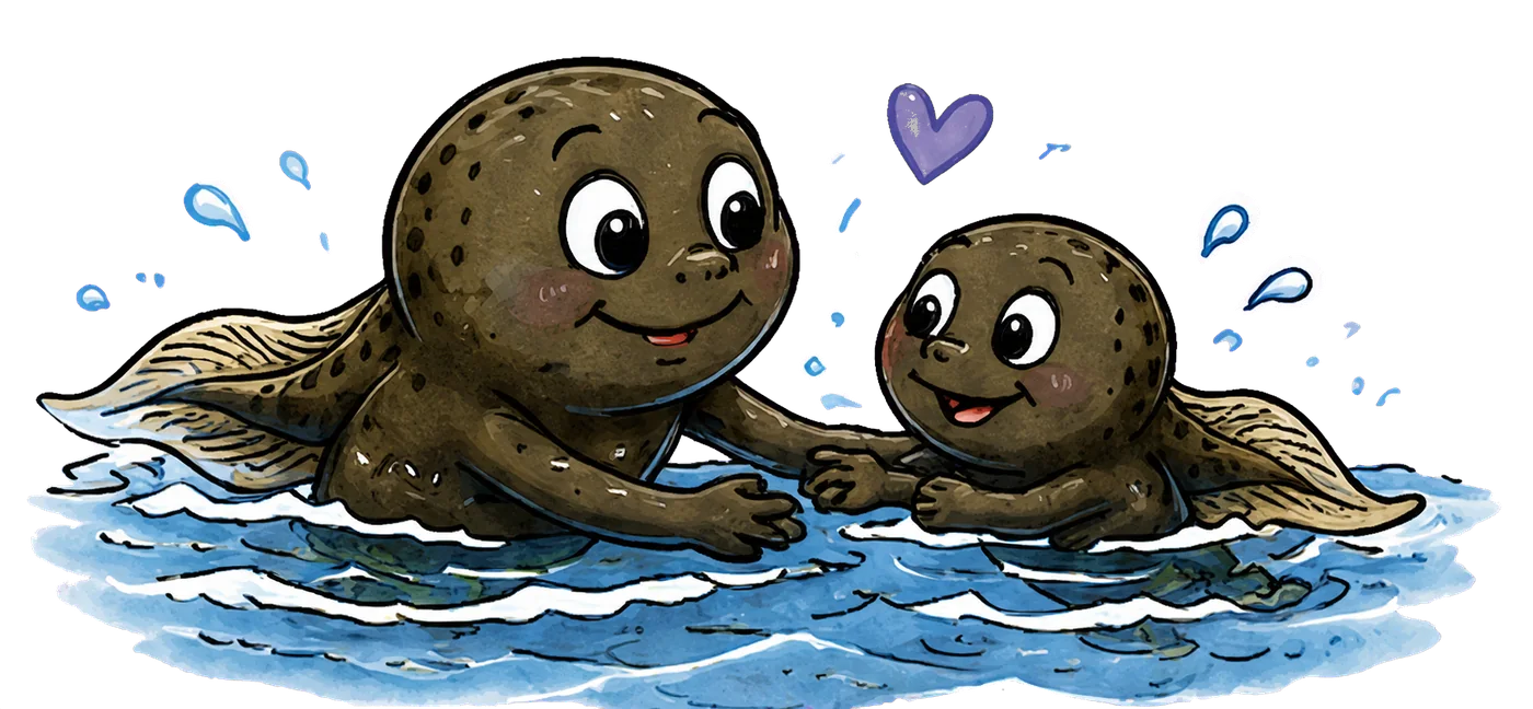 Quappi begleitet eine kleine Kaulquappe im Wasser